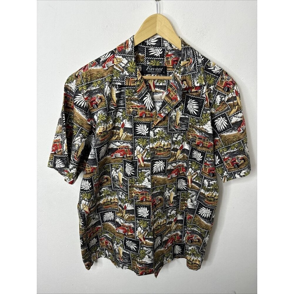 Favant Men's Hawaiian Shirt Large Front Pocket‎ Palm Trees Birding Cars Retro